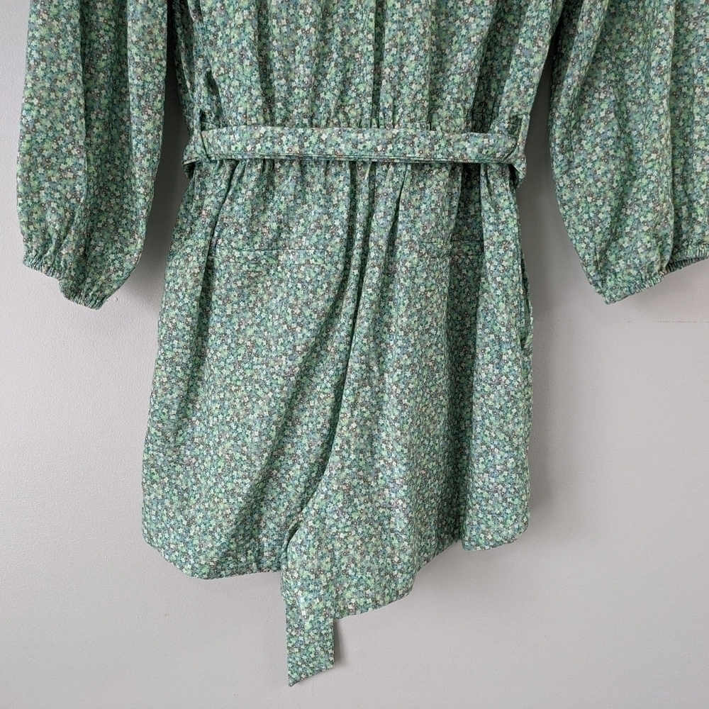 FRNCH Romper Women's Large Green Floral Talia Sage Tie Waist Puff Sleeve - Picture 5 of 10
